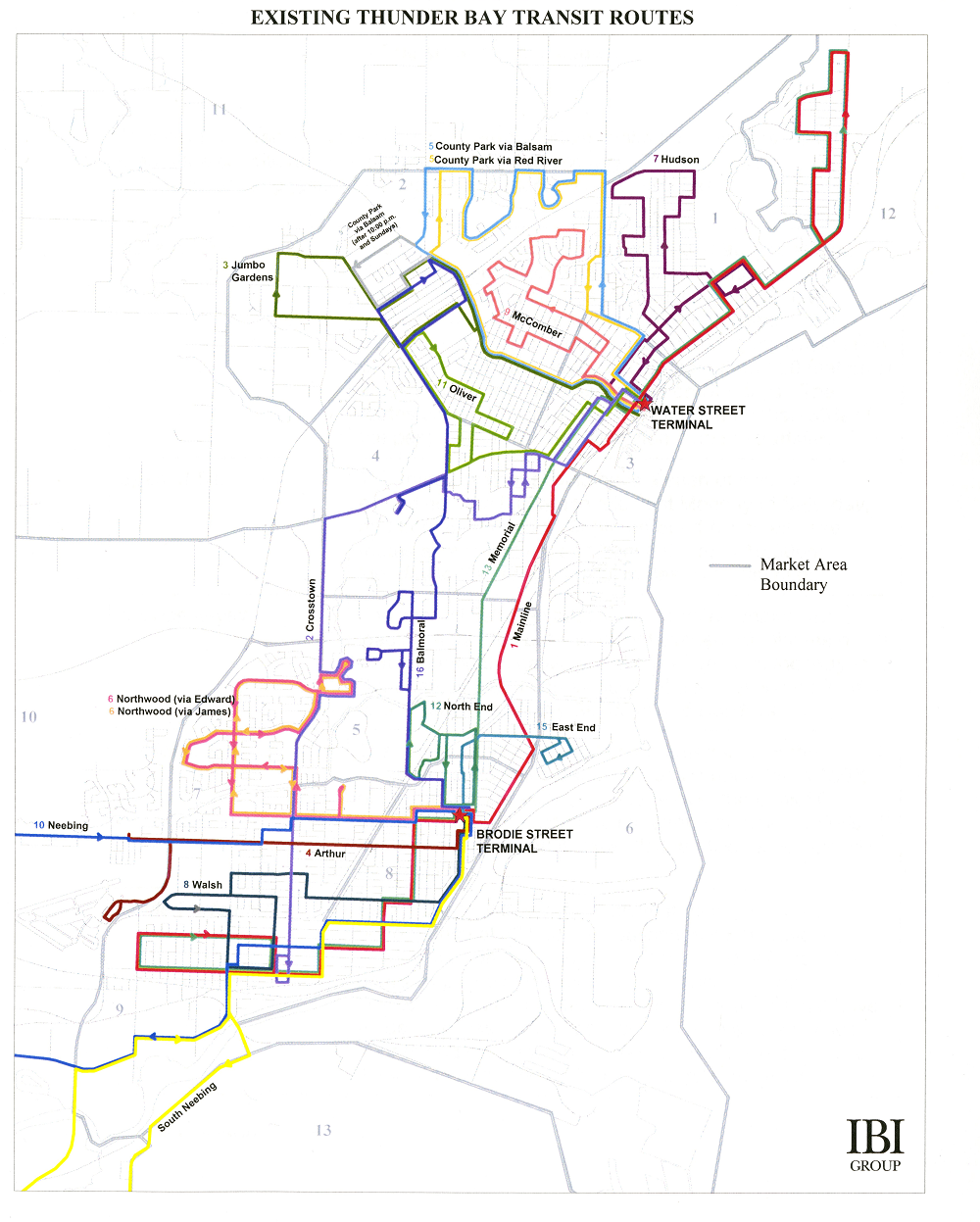 A map depicting transit routes for the City of Thunder Bay