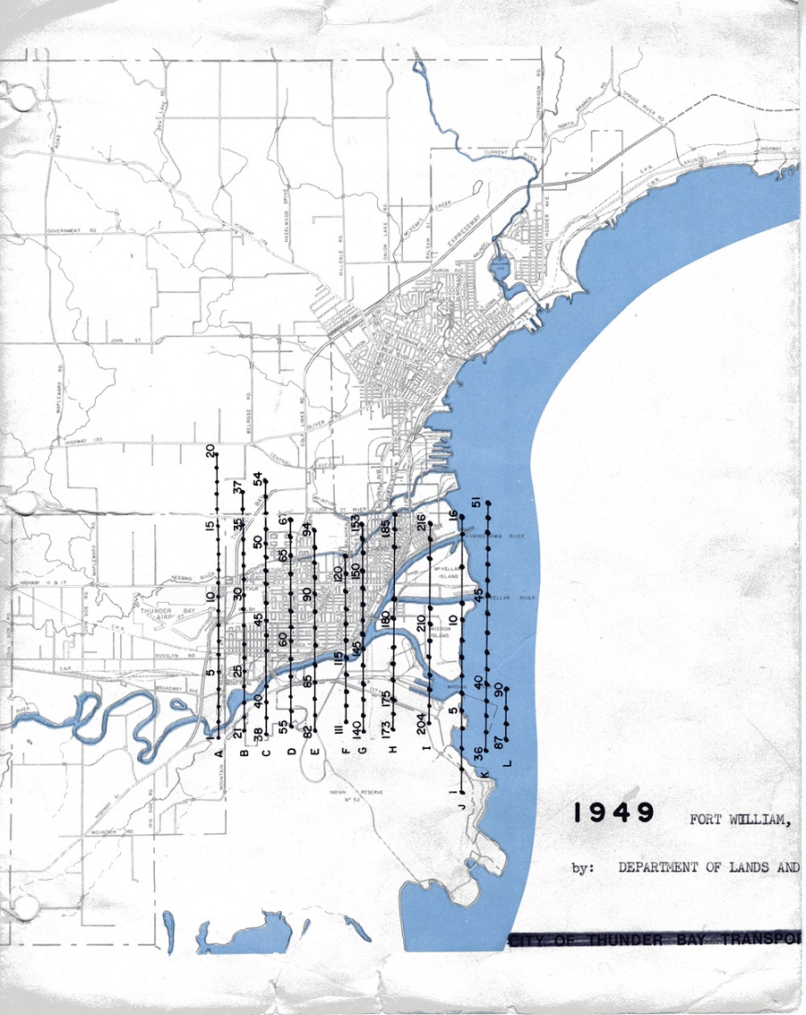A map of Fort William showing major roads, bodies of water and buildings