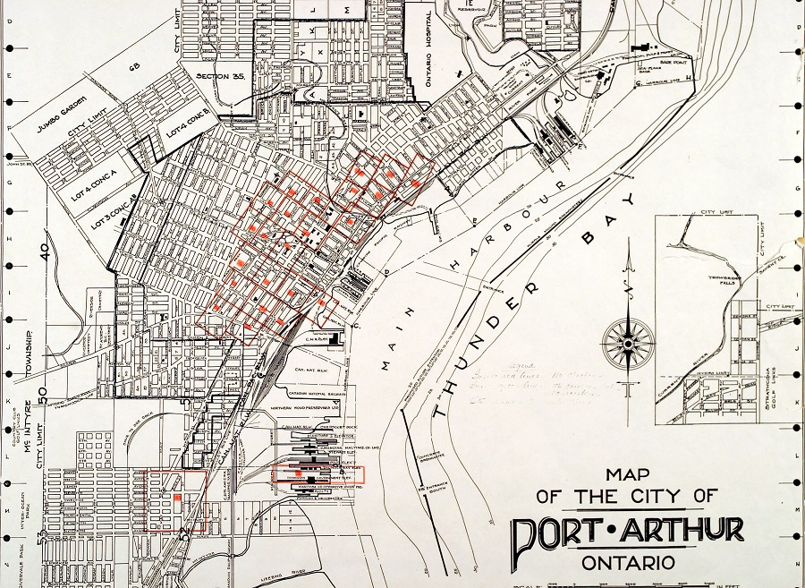 A map showing housing lots and city streets 