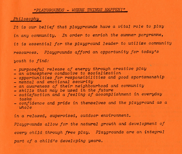An orange paper with the typed philisohpical message of what Playgrounds are
