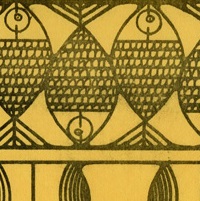 A drawing of fish side by side on a yellow paper 