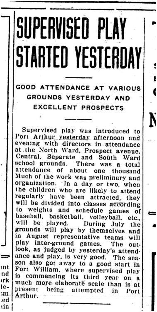 A typed newspaper article announcing supervised play has begun 