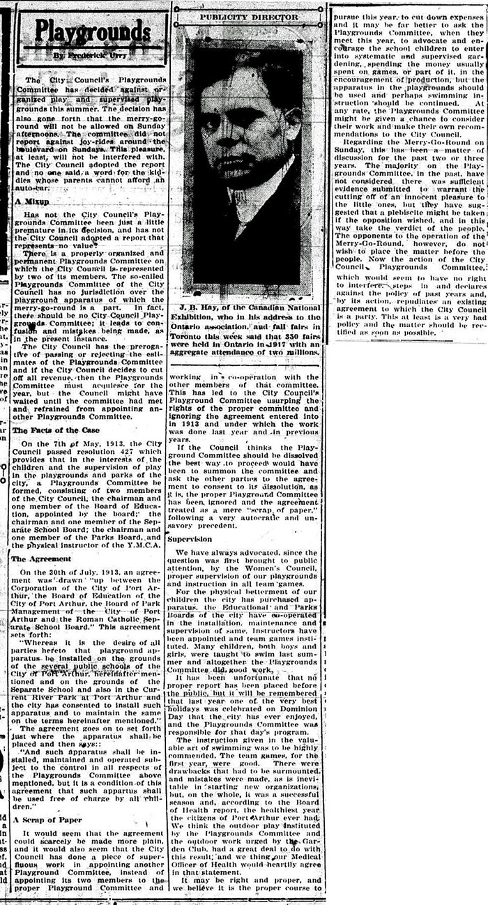 A typed newspaper article detailing playgrounds in the city