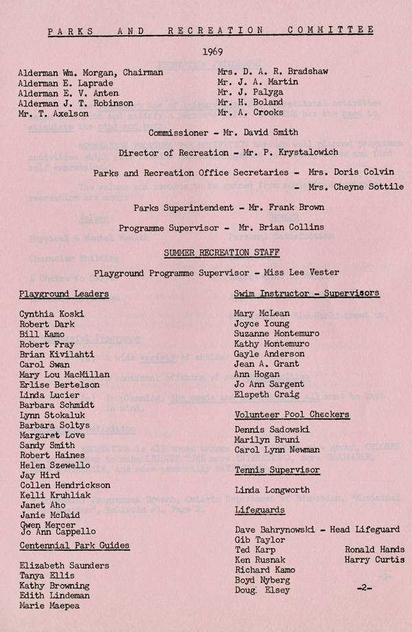 A typed purple sheet listing those involved with Port Arthur Parks and Recreation