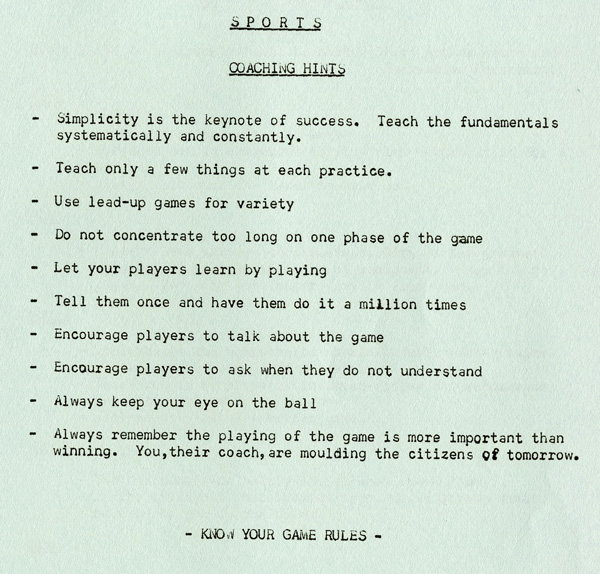 A green paper with typed wording and a heading that says "Sports Coaching Hints"