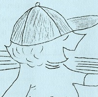 A green poster has a drawing of a boy wearing a hat 
