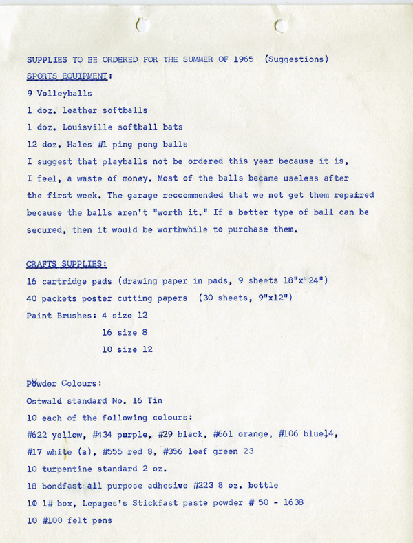 A typed list of supplies purchased and needed for playgrounds