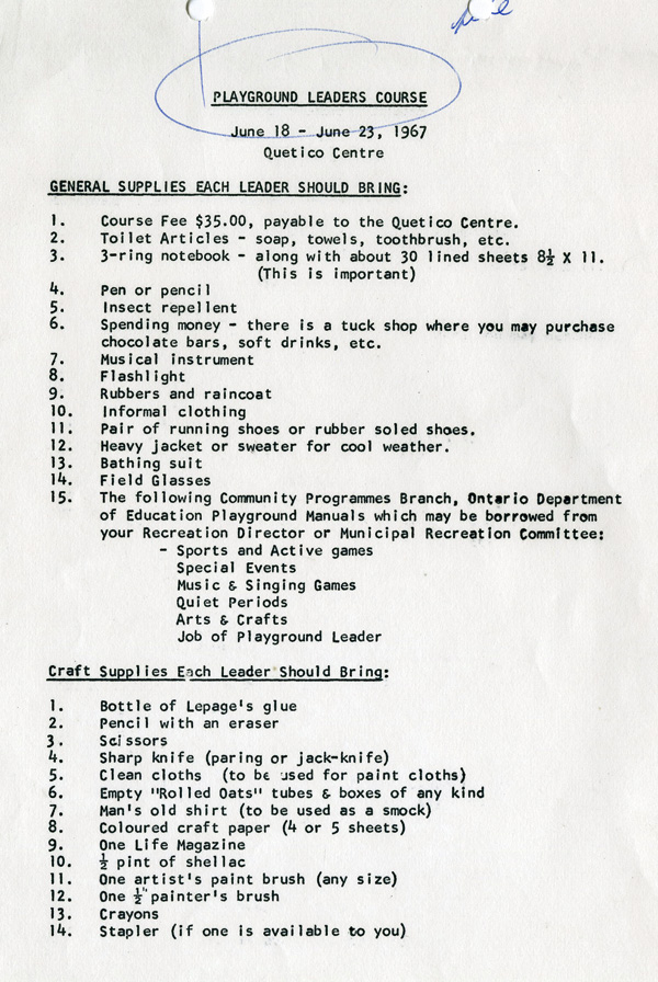 A typed document detailing the Playground Leaders Course