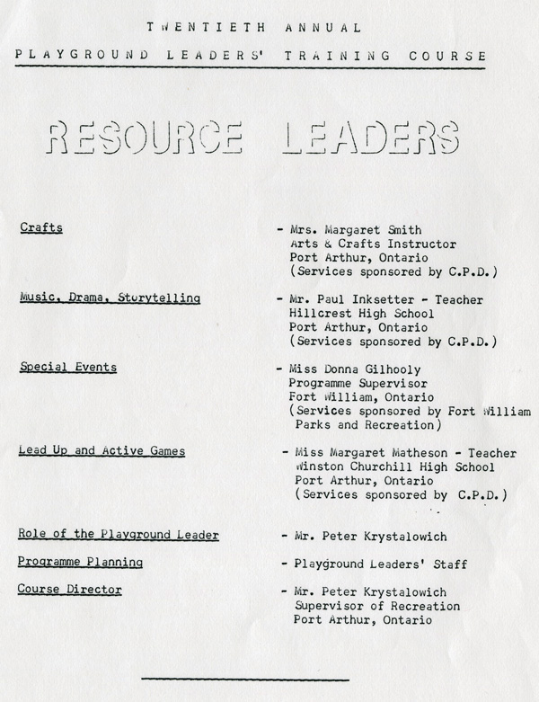A typed document detailing the Playground Leaders Course