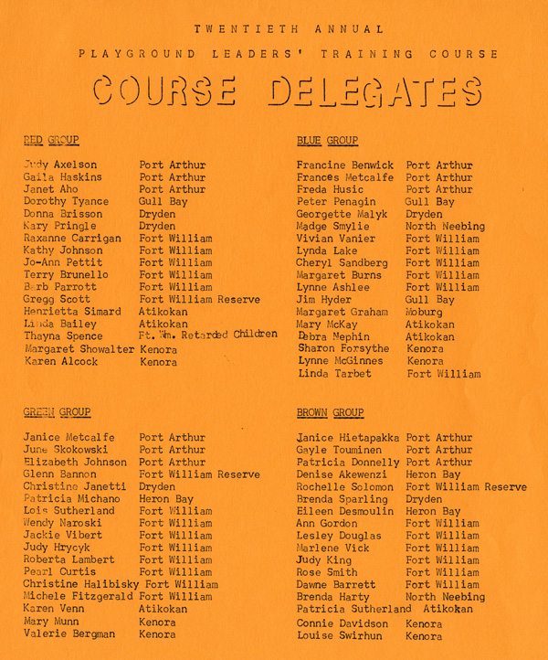 A typed document detailing the Playground Leaders Course