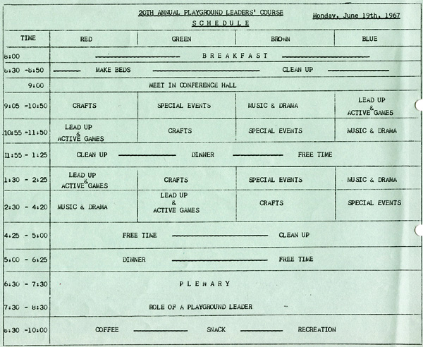 A typed document detailing the Playground Leaders Course