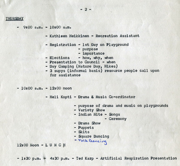 A typed document detailing the Playground Leaders Course