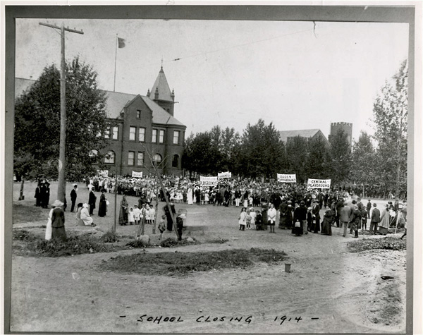 a gathering of people from various playgrounds at Central for closing of playgrounds
