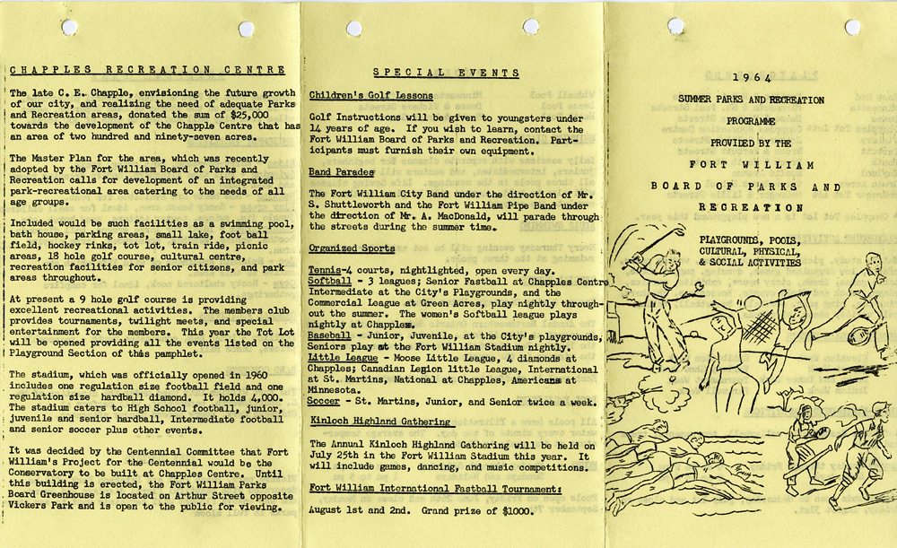 A beige pamhplet with typed writing and holes at the top