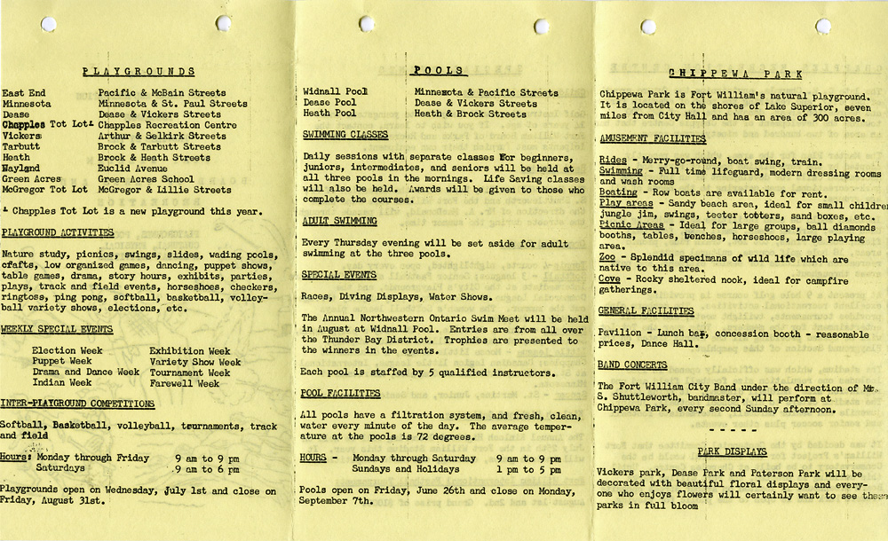 A beige pamphlet with typed text and small holes at the top