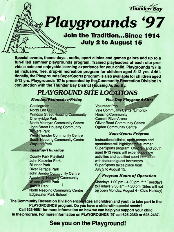 A green pamphlet with typed text and a picture of a child on a slide