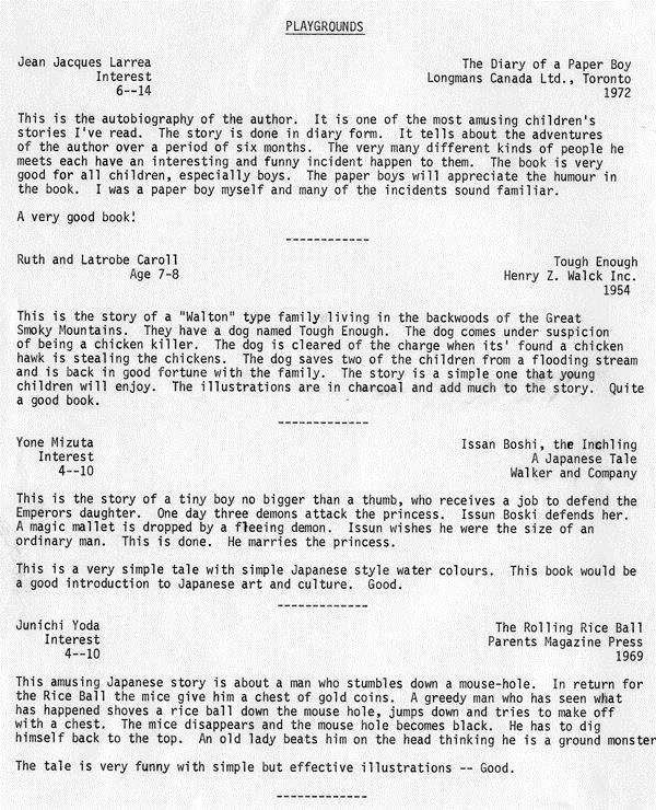 A typed document detailing stories appropriate for playgrounds