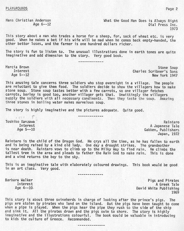 A typed document detailing stories appropriate for playgrounds