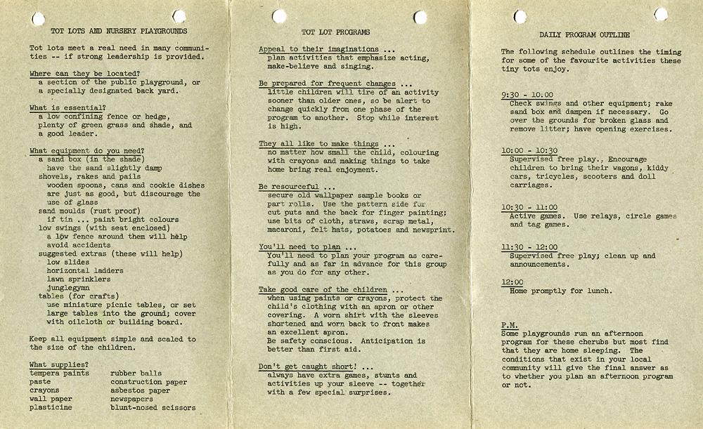 a pamphlet detailing activties for play and playgrounds