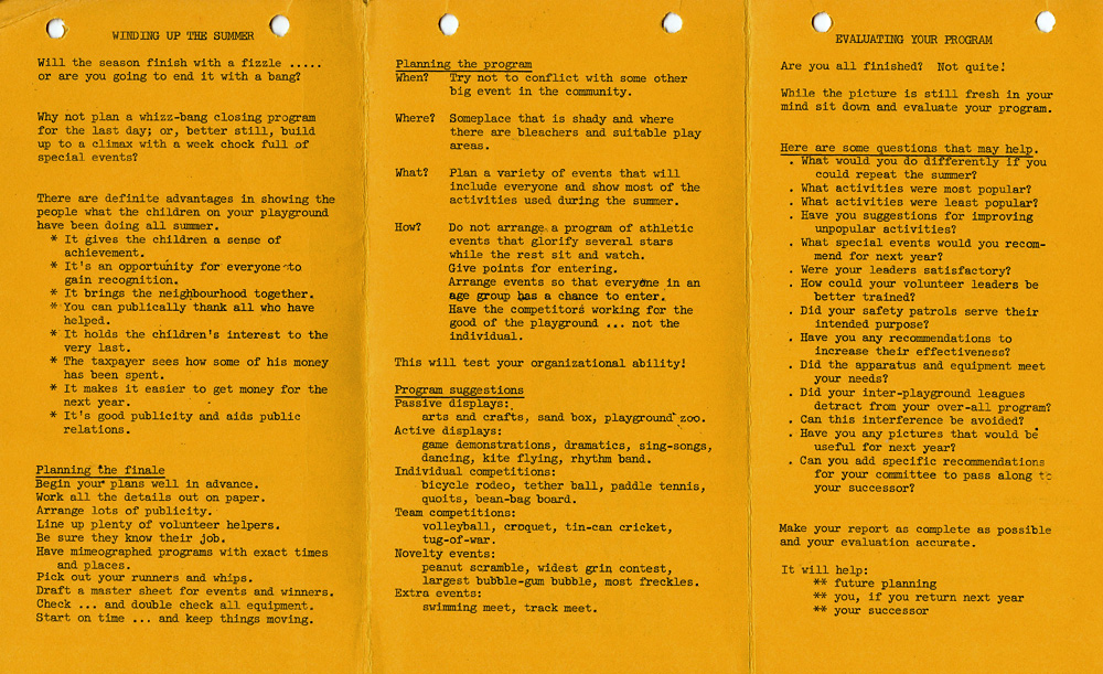 A pamphlet with activties for play and playgrounds