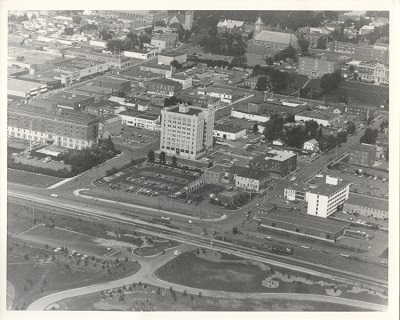 The Public Utilities Commission building (centre) and surrounding area