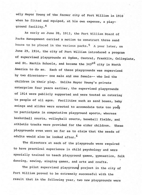 A typed document detailing a short history of playgrounds