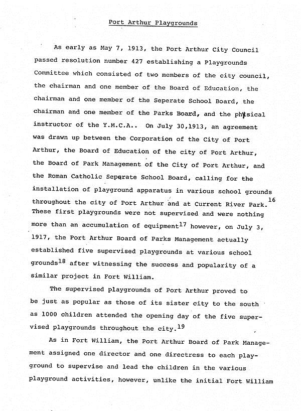 A typed document detailing a short history of playgrounds