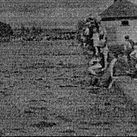 A black and white drawn photo of a house on the edge of the water