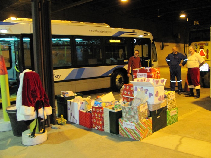 multiple full donation bins in the Transit garage