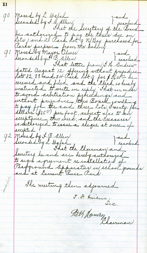 A handwritten document detailing the actions of the playground comission