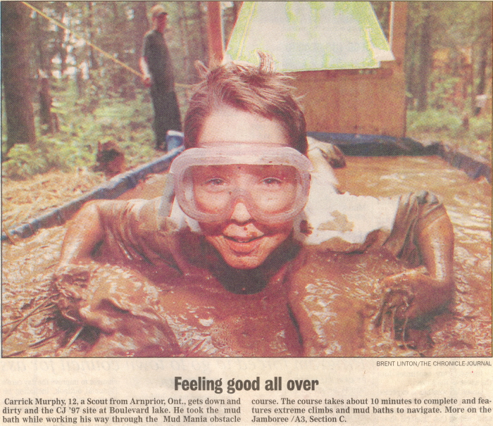 A cut out newspaper article showing a boy wearing goggles