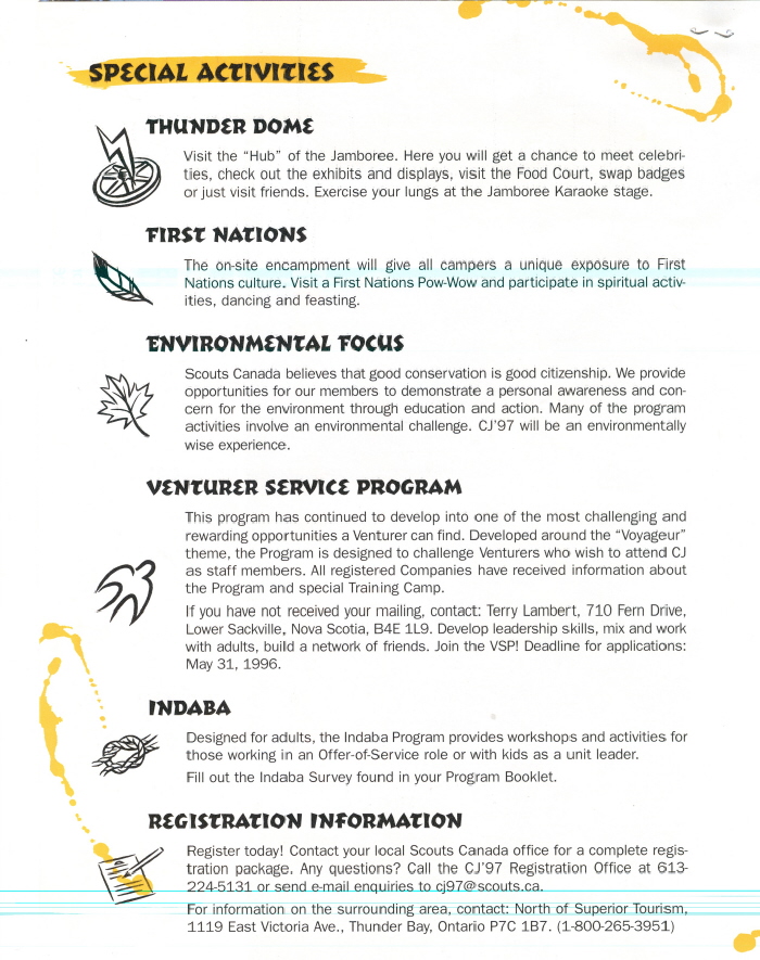 A list of special activities written in black with yellow highlight