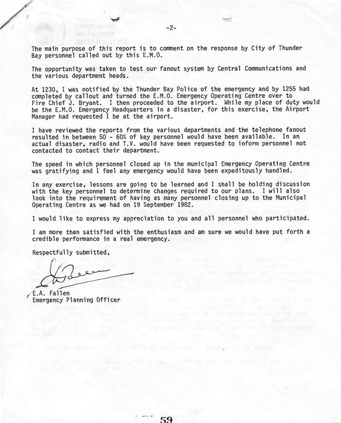 A typed document detailing the events that occured during a simulated airplane crash exercise