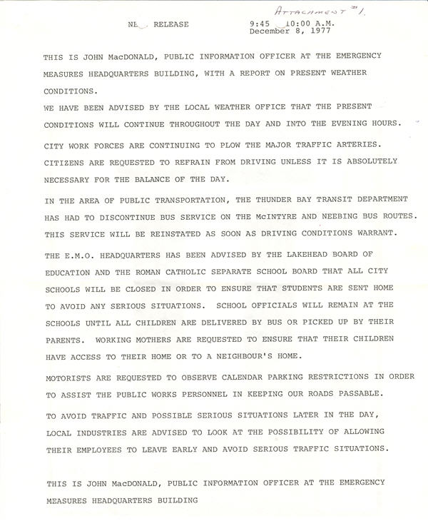 A typed press release giving information on the 1977 snow storm