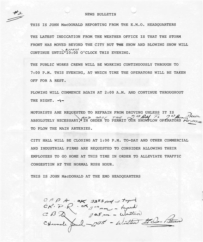 A typed bulletin detailing the impacts of the 1977 snowstorm 