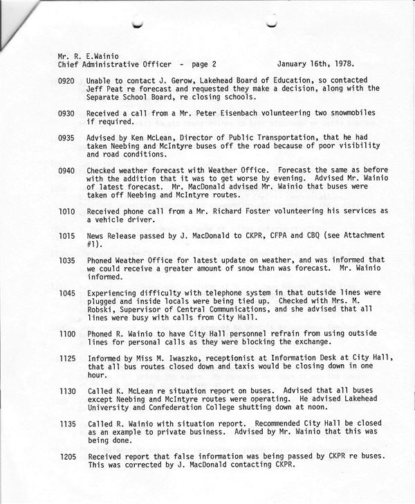 A typed case report detailing the events of the 1977 snowstorm