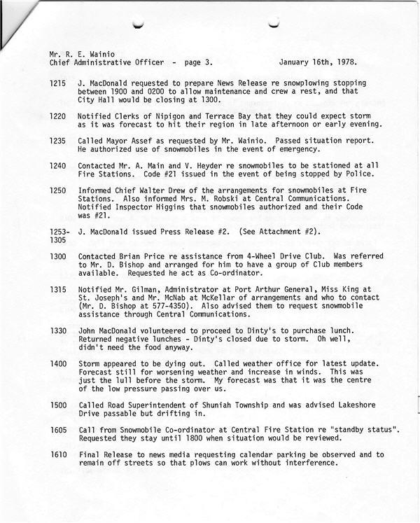 A typed report detailing the impact of the 1977 snowstorm