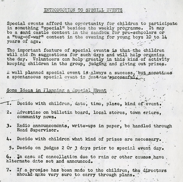 A typed document talking about special events for playgrounds
