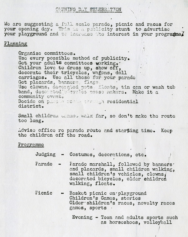 A typed document detailing opening day celebrations