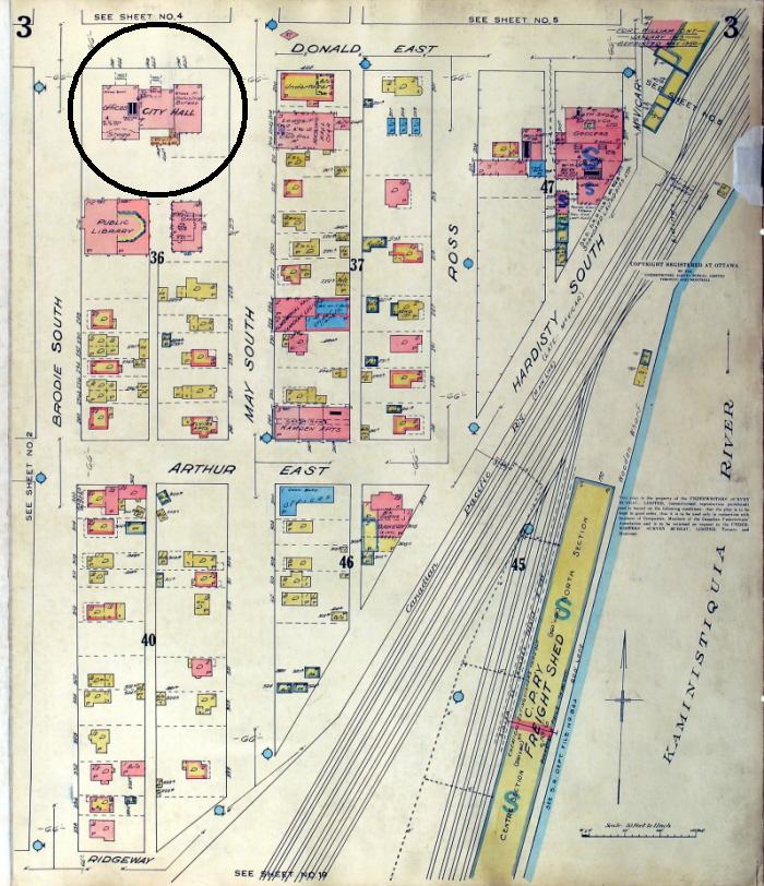 A hand drawn map showing the location of City Hall among other buildings