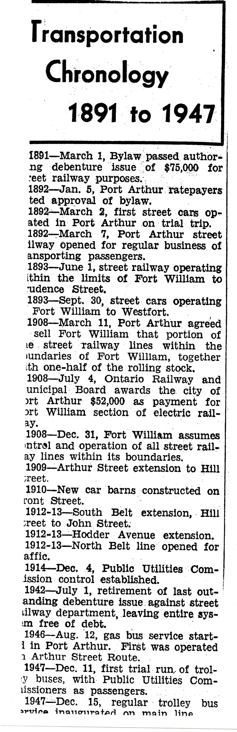 an article detailing the chronology of the street rail system 1890-1947