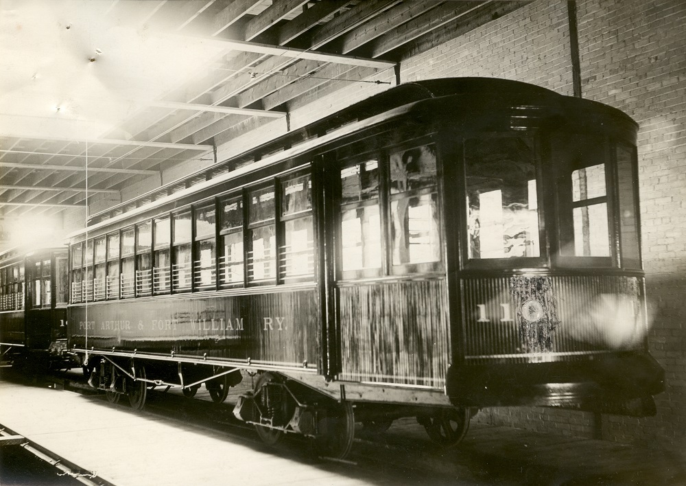 Exterior view of an electric street railway car "Port Arthur and Fort William Ry" No. 110