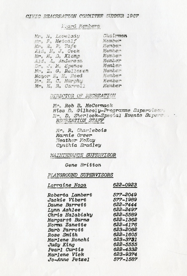A typed list of all those on the Civic Recreation Commitee