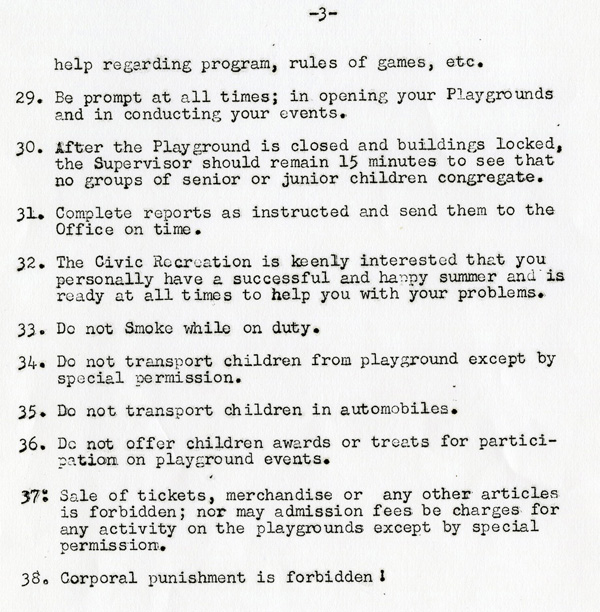A list of general instructions for playground supervisors