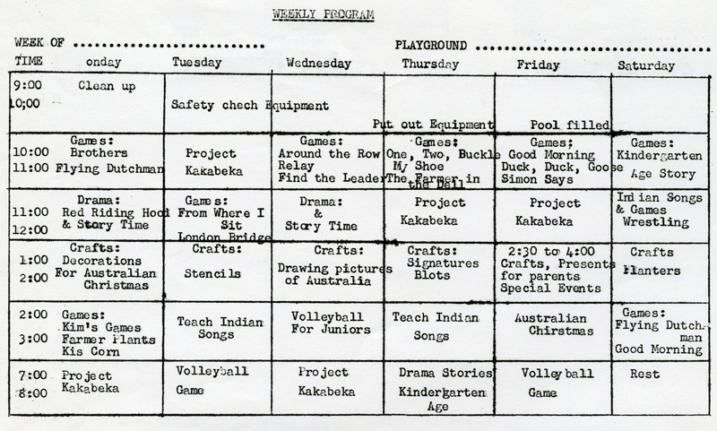 A chart listing days of the week and activties for each day