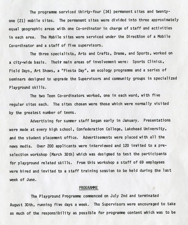 A typed document detailing the 1974 summer playgrounds report