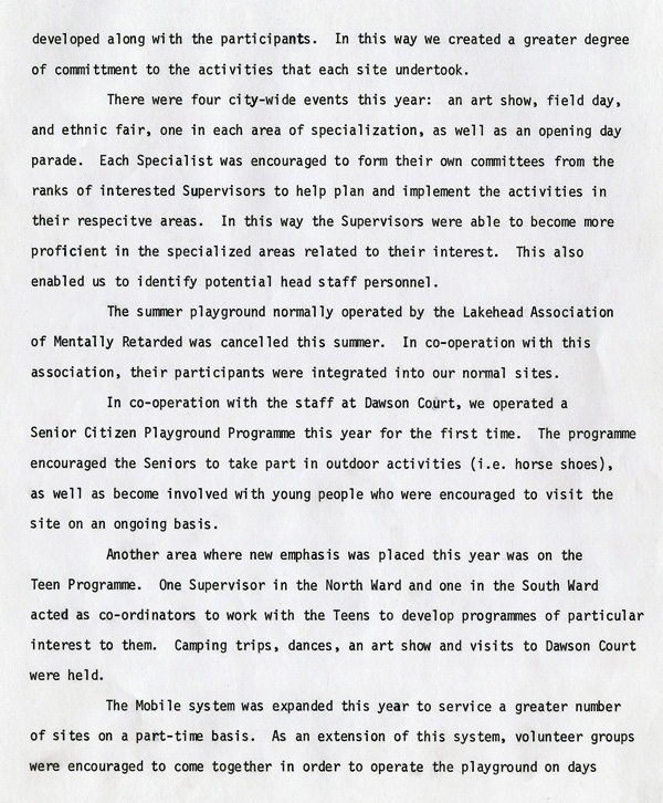 A typed document detailing the 1974 summer playgrounds report