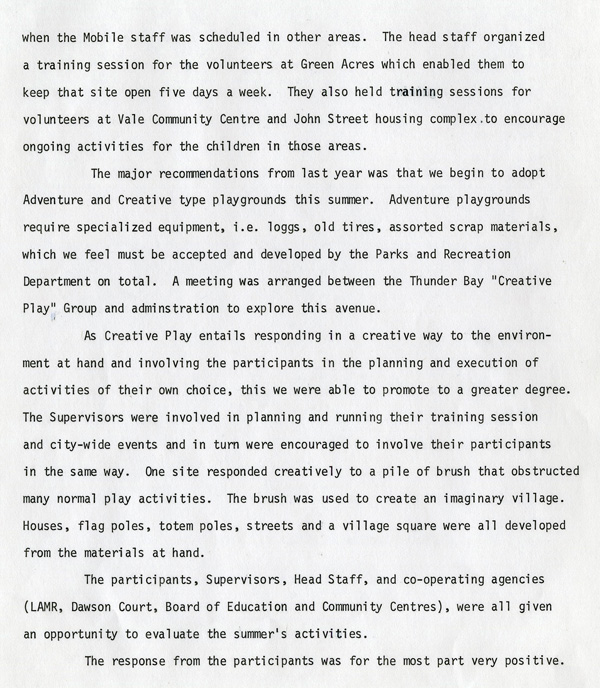 A typed document detailing the 1974 summer playgrounds report