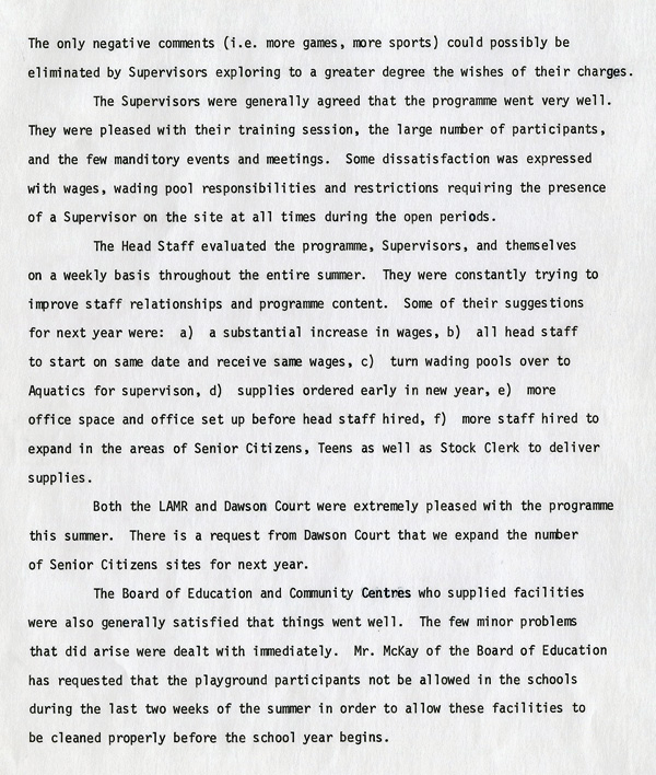 A typed document detailing the 1974 summer playgrounds report