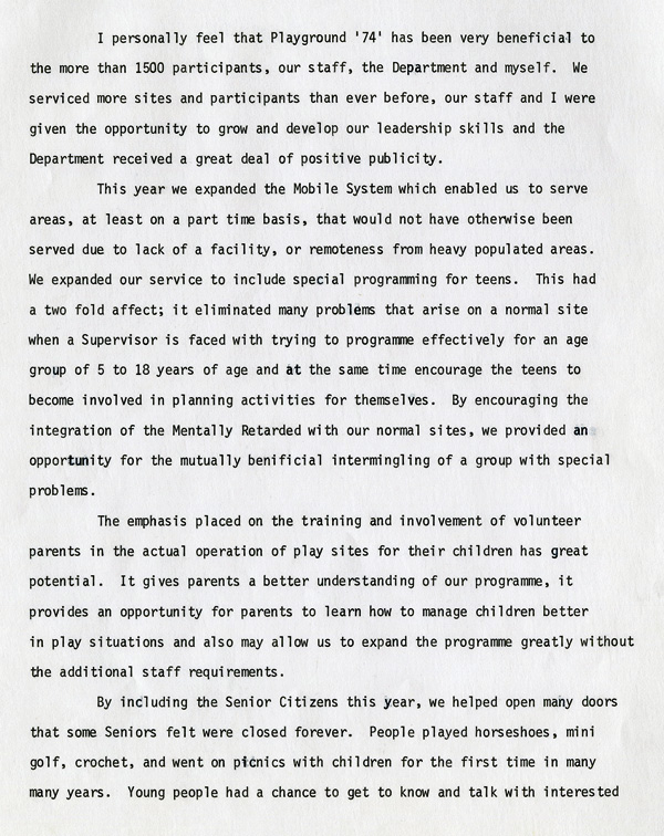 A typed document detailing the 1974 summer playgrounds report